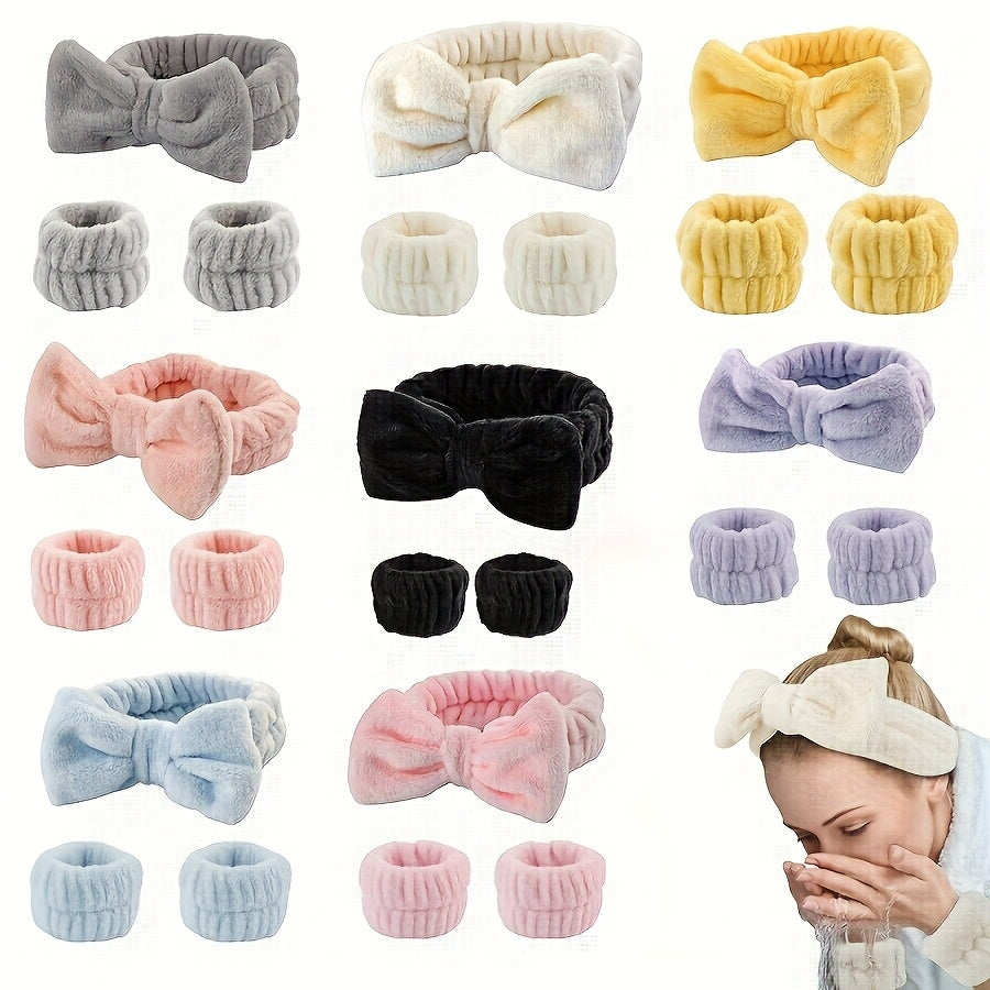 Solid Color Butterfly End Headband Wristband Set Women's Wash Beauty Makeup Headband Wrist Flannel Hair Accessories Headwear Face Wash Headband Wrist Set Plush Elastic Headband Ladies Accessories Set